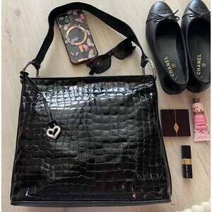Brighton Cher Black Croc Embossed Patent Leather Shoulder Bag Silver Rings